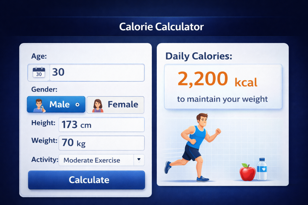Free online calorie calculator interface showing age gender height weight activity inputs and daily calorie result
